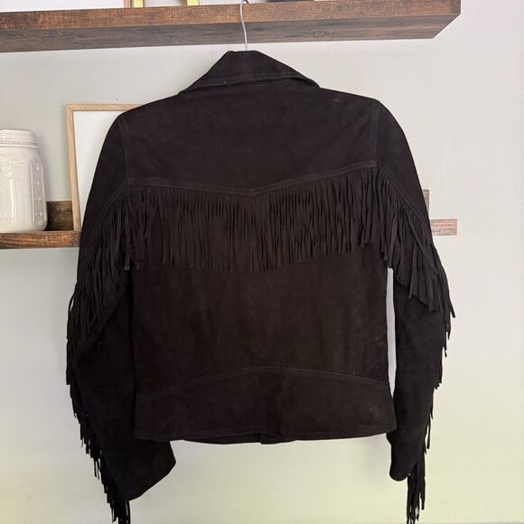 The Kooples Women S Fringed Jacket Goat Leather Soft Suede Biker Black Jacket - Picture 5 of 9